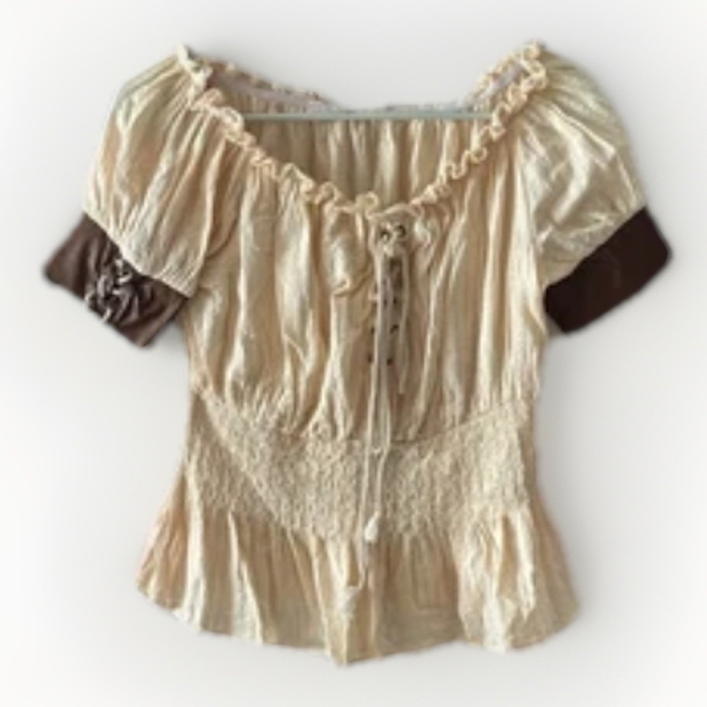 Women’s Cream Peasant Blouse with Brown Sleeve Accents
